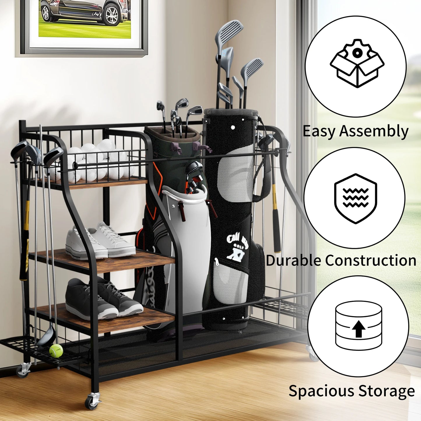 Rolling Golf Bag Storage Rack with Wheels Multi-Tier Organizer