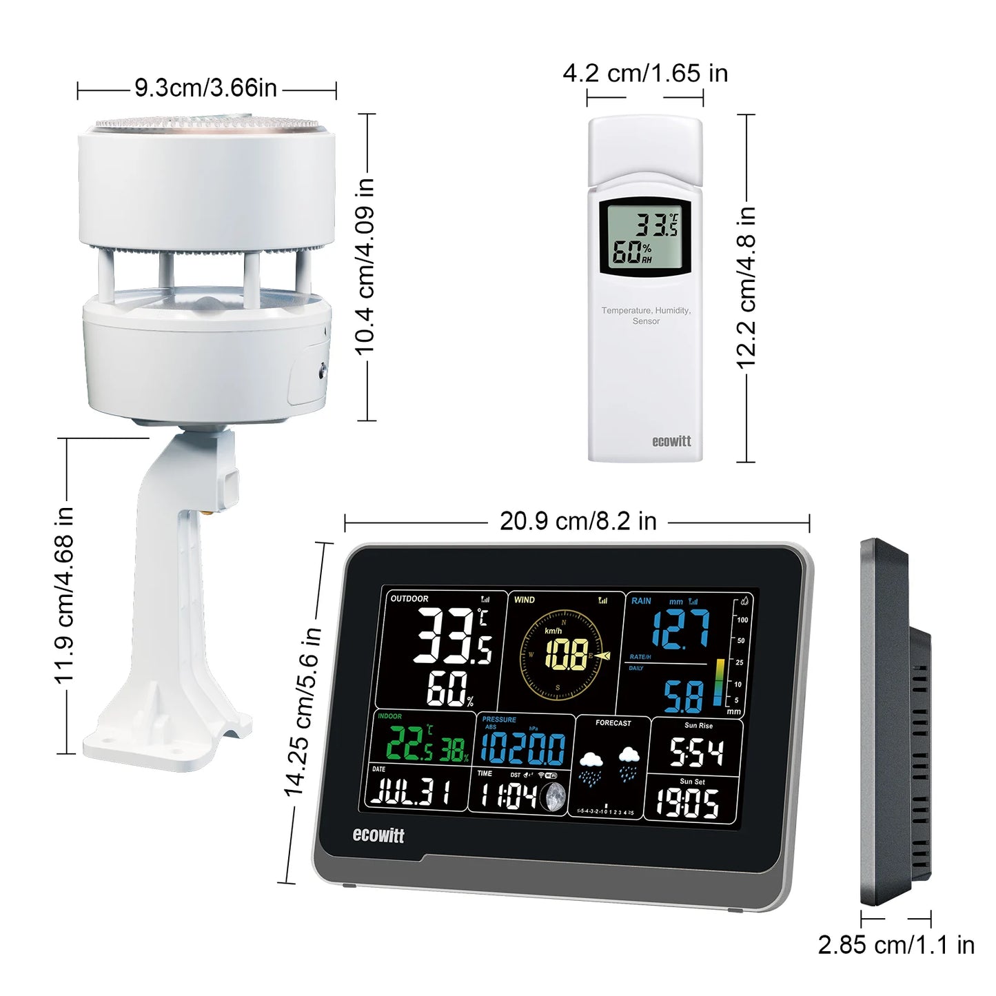 Wireless Weather Station with 7.5 Inch Display and Rain Gauge