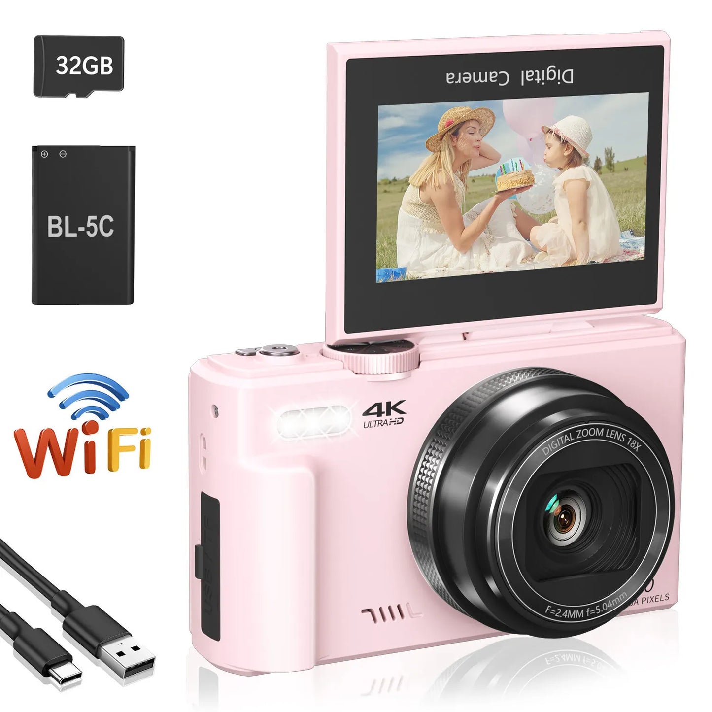 4K Compact Camera 18x Zoom Pink 32GB Card