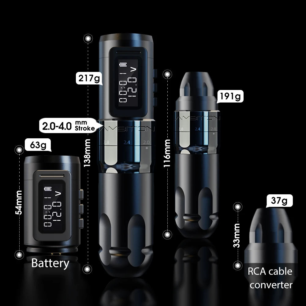 Black Wireless Tattoo Machine Adjustable Stroke Professional Pen