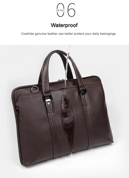 Premium Leather 15.6" Laptop Business Briefcase Coffee