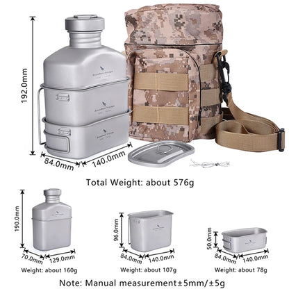 Titanium Camping Cookware Set 1100ml Bottle 750ml Pot 400ml Bowl