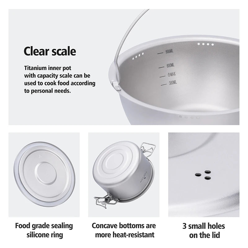 Portable Titanium Camping Pot 2L Rice Soup Cooker