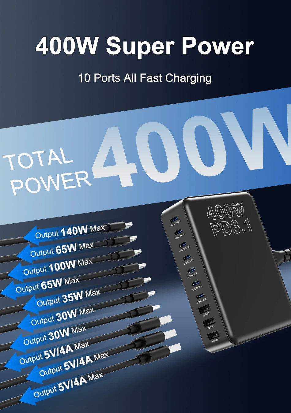 400W GaN USB-C Charging Station with 10 Ports