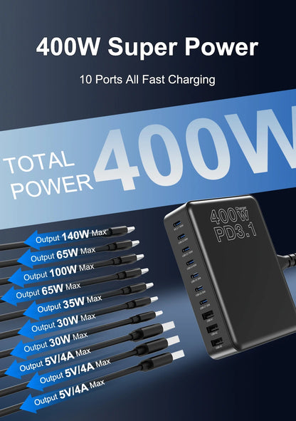 400W GaN USB-C Charging Station with 10 Ports