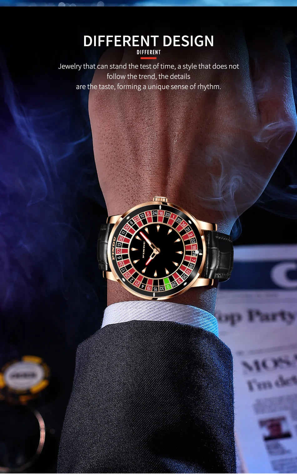 Self-Winding Mens Watch Roulette Dial Stainless Black