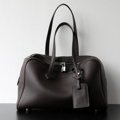 Luxury Cowhide Leather Bowling Bag Laptop Office Handbag Abnine