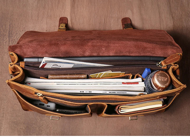 Vintage Leather Messenger Bag 14" Laptop Briefcase Coffee