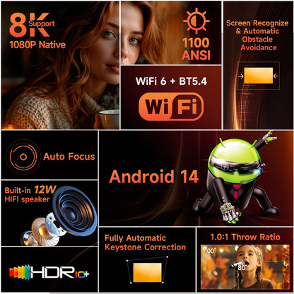 Portable 1080P Smart Projector WiFi 6 Auto Focus