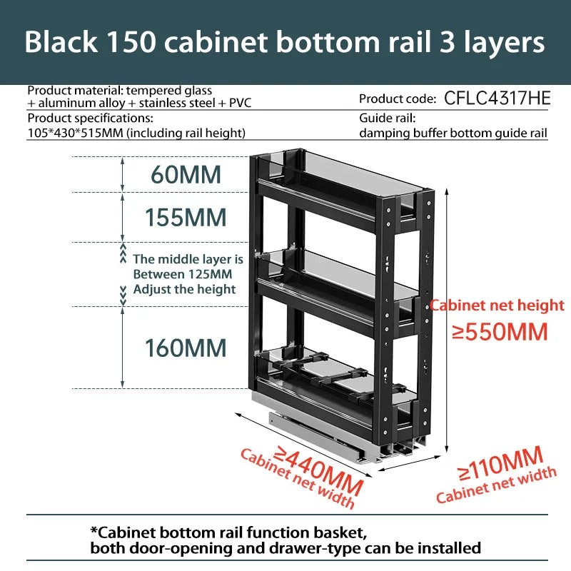 3-Tier Pull-Out Kitchen Storage Basket 150mm