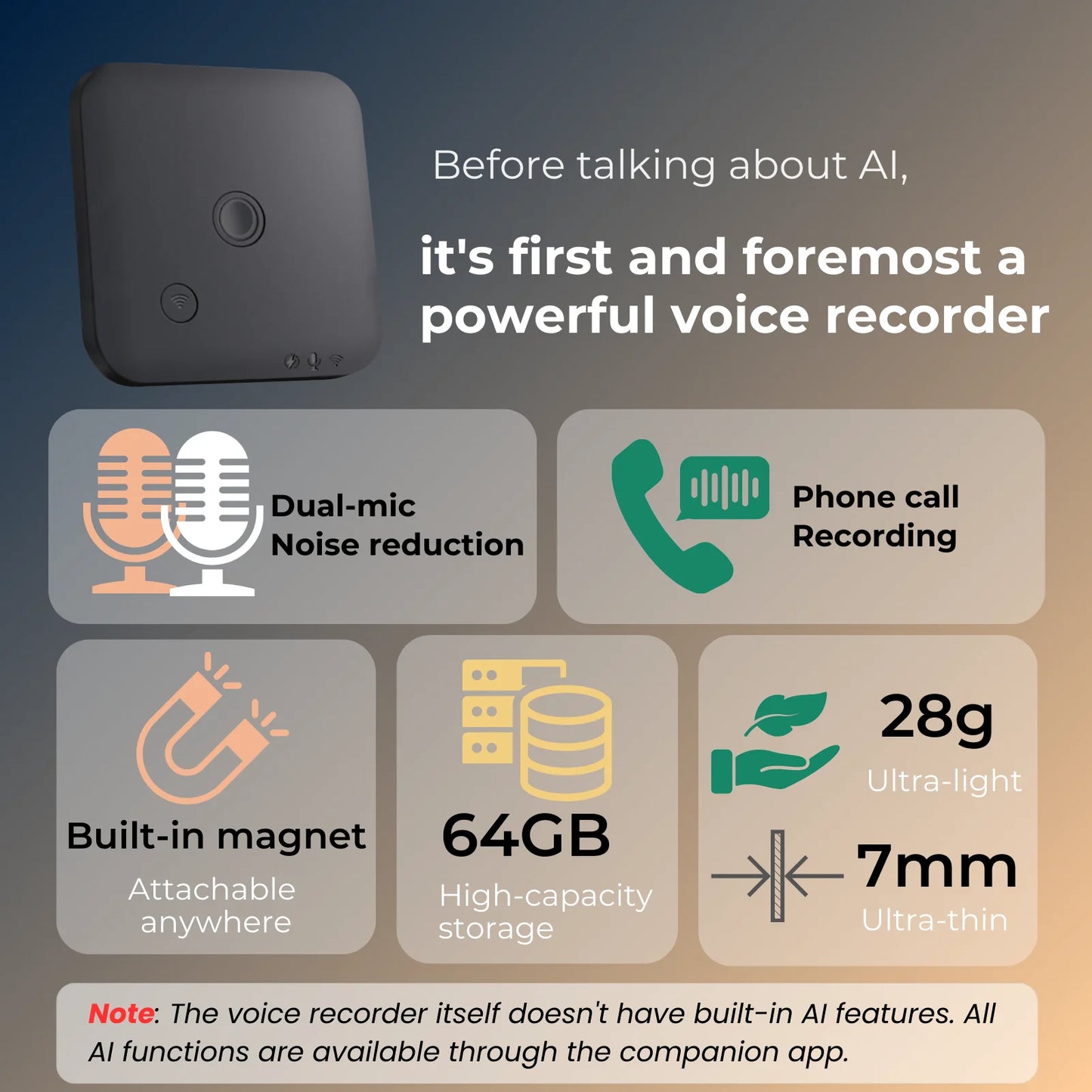 Portable AI Voice Recorder with Speech to Text 64GB White