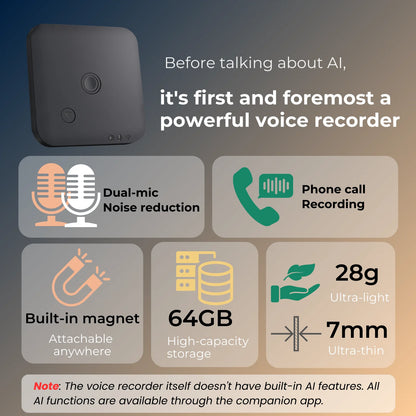 Portable AI Voice Recorder with Speech to Text 64GB White