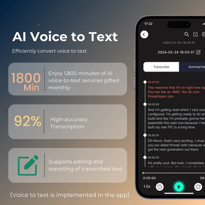 Portable AI Voice Recorder with Speech to Text 64GB White