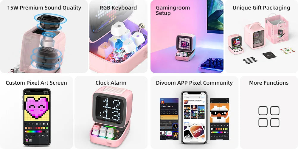 White Mini Retro Speaker with LED Pixel Art and Clock Function