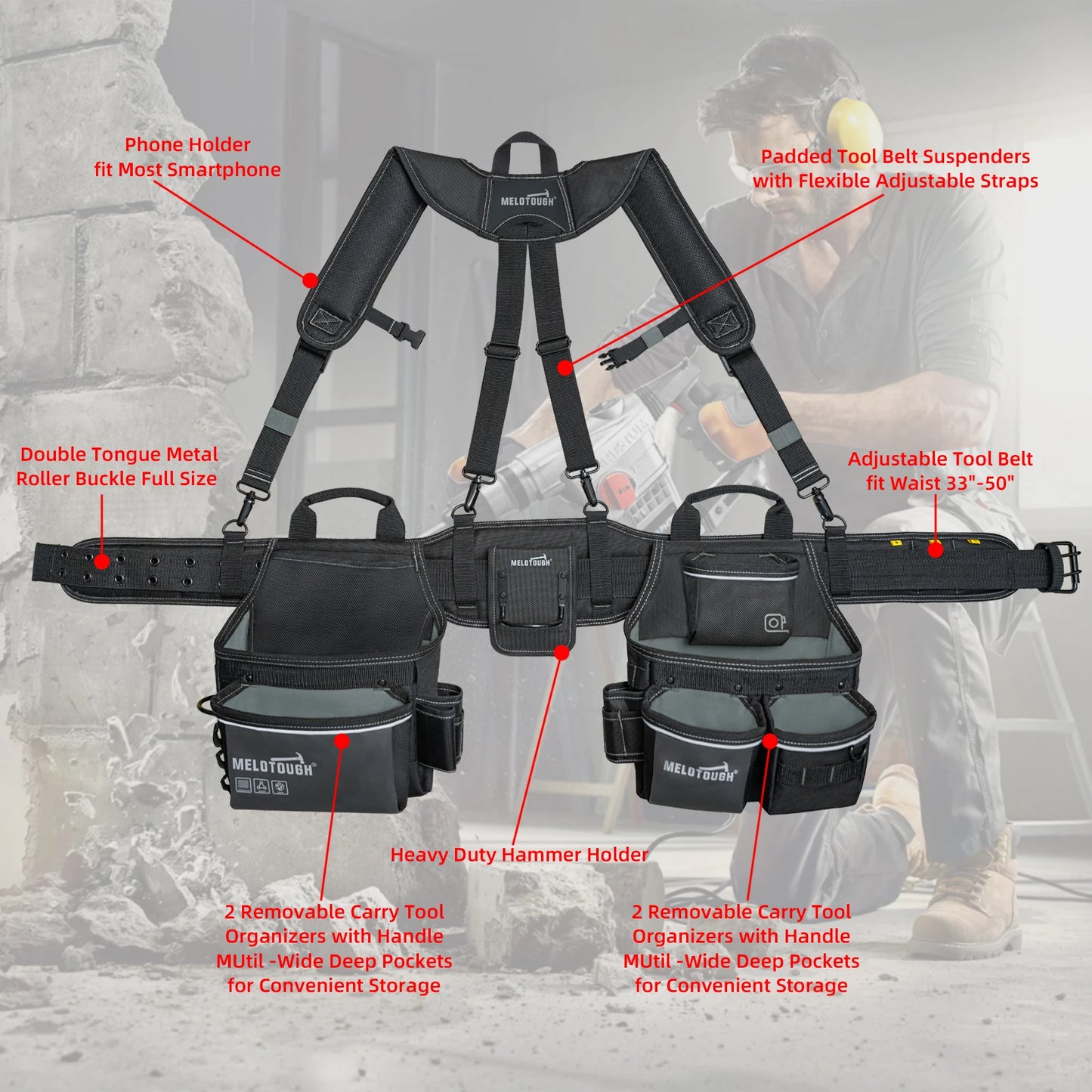 Heavy Duty Tool Belt and Suspenders Set with Tool Pouch