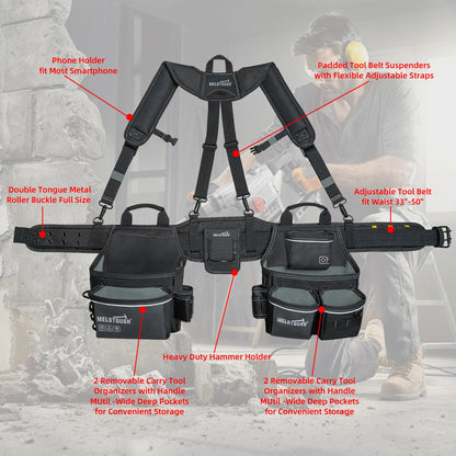 Heavy Duty Tool Belt and Suspenders Set with Tool Pouch