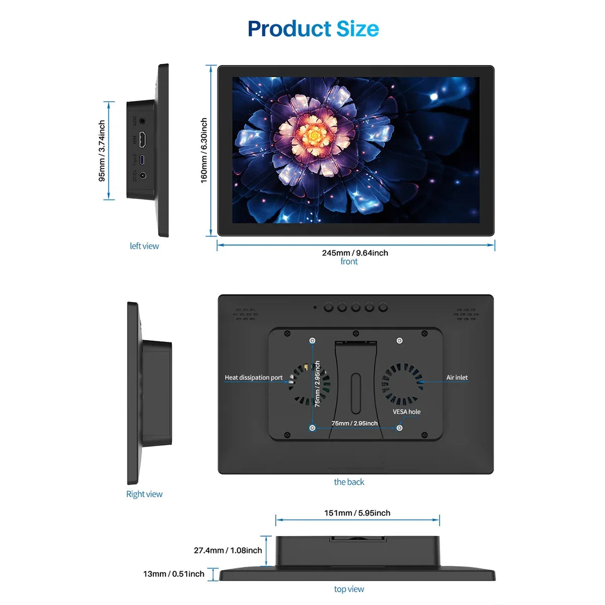 10.1 Inch Portable Touch Monitor 1920x1200 IPS HDMI Display