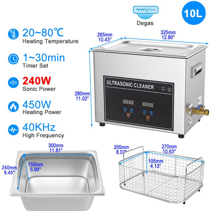 10L Portable Ultrasonic Bath with Heating Function