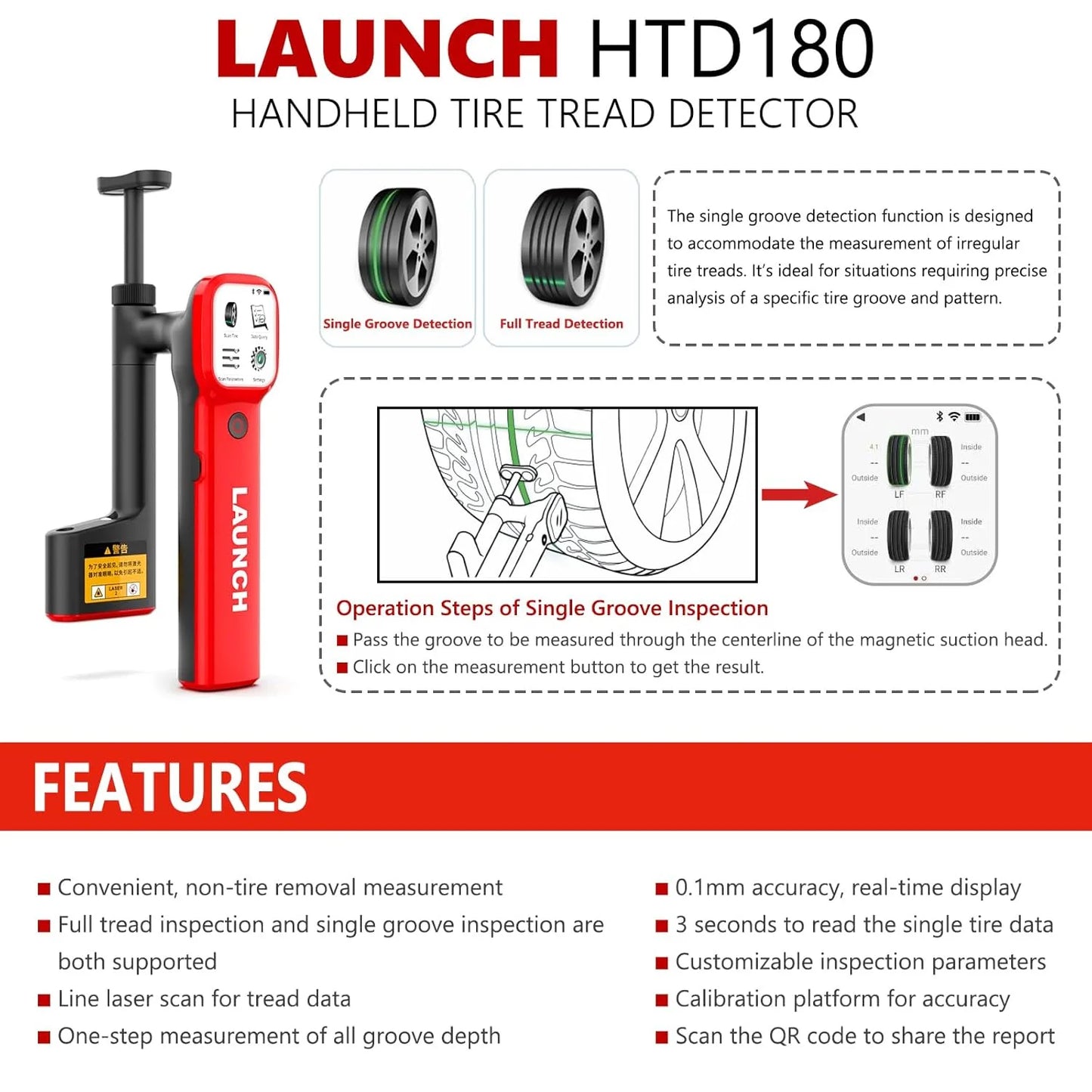 Handheld Laser Tire Tread Depth Gauge 0.1mm High Accuracy