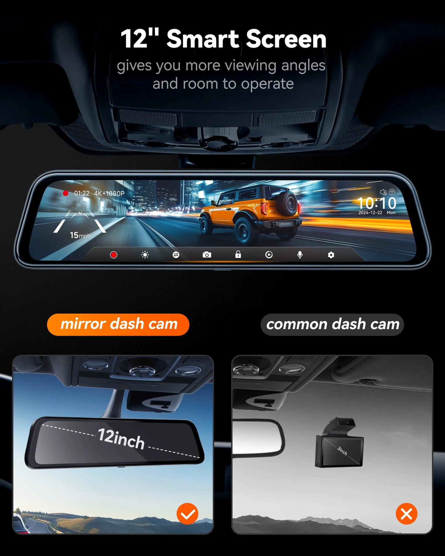 12 Inch 4K Dash Camera Dual HD Night Vision 32GB