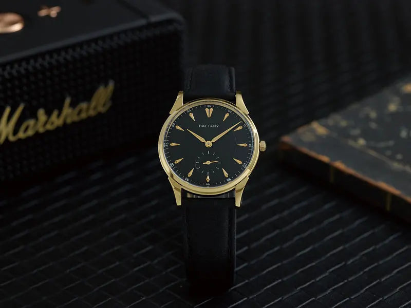 Retro Automatic Dress Watch with Gold Case and Black Dial