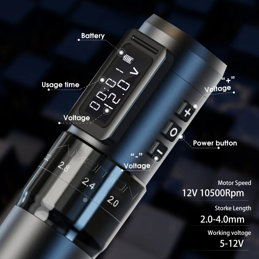 Black Wireless Tattoo Machine Adjustable Stroke Professional Pen