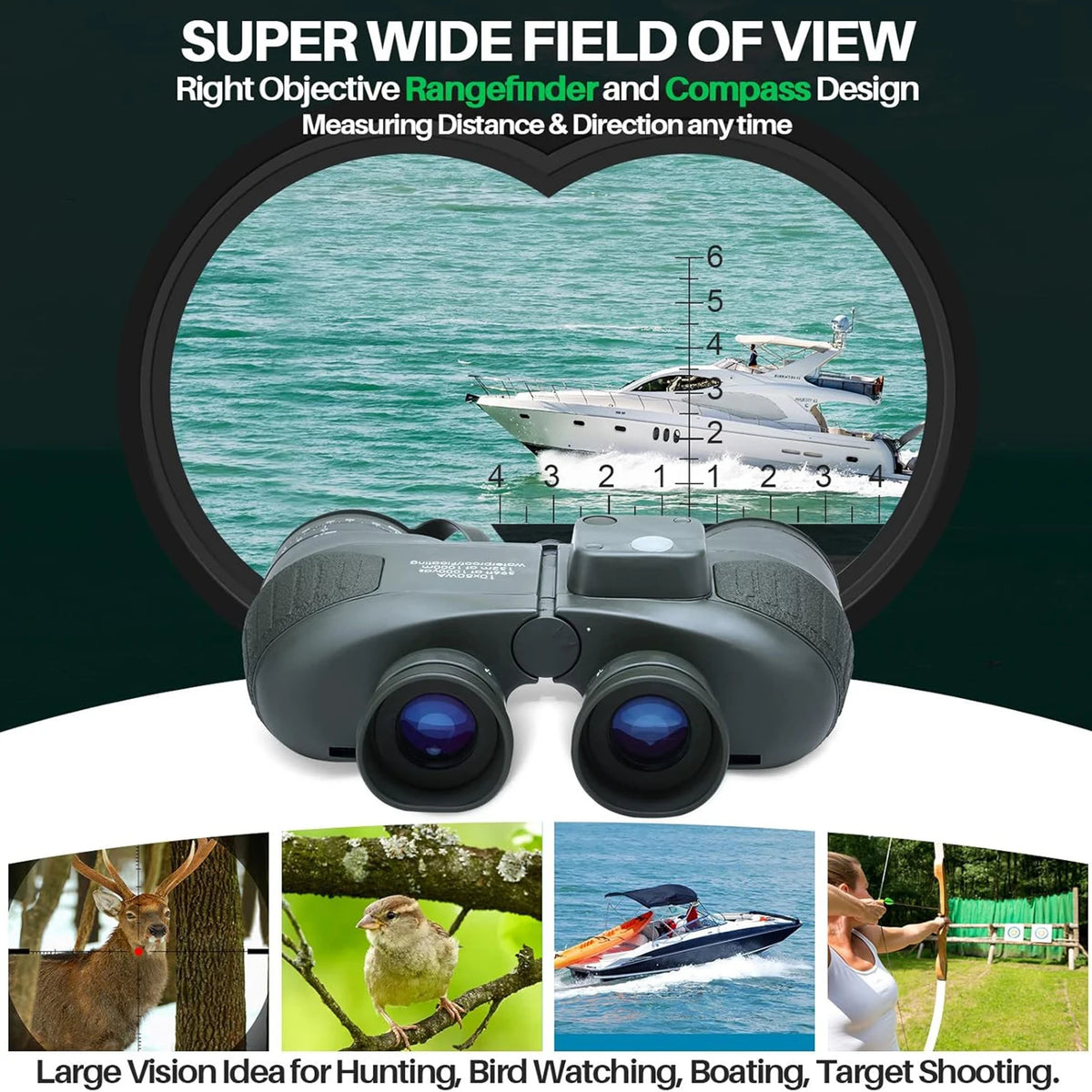 10x50 Marine Binoculars with Compass Rangefinder, IPX7 Waterproof