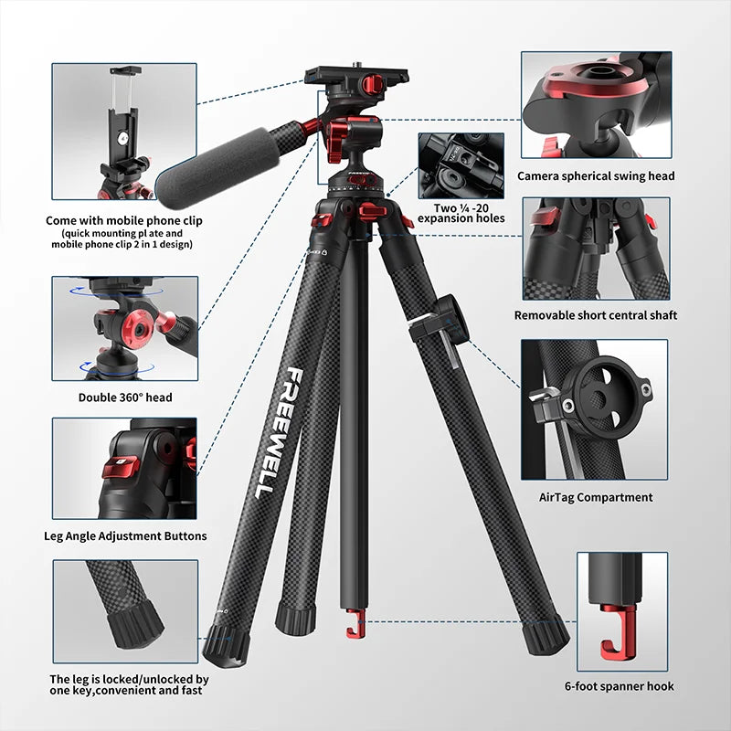 Portable Carbon Fiber Travel Tripod 1.5m with 360 Ball Head