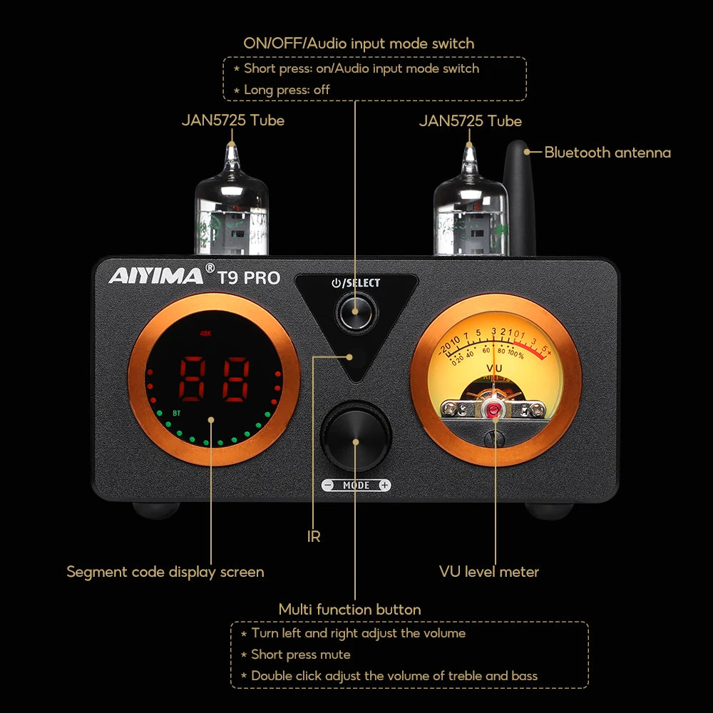 HiFi Bluetooth Tube Amplifier USB DAC and VU Meters 24V