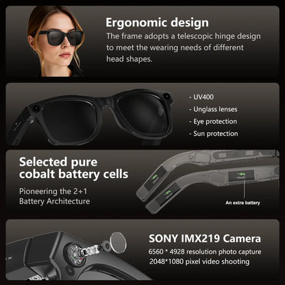 Black AI Smart Bluetooth Glasses UHD Camera Stabilized Video