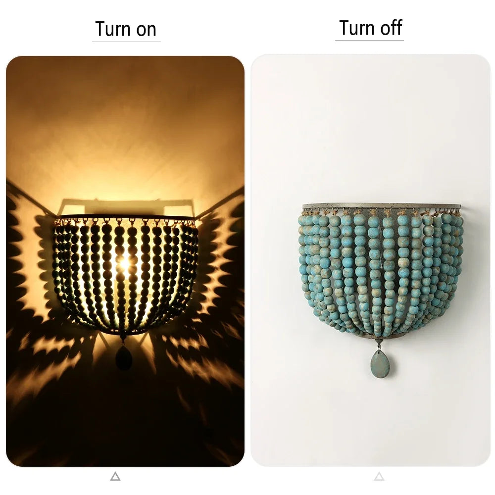 Vintage Blue Wooden Bead Wall Lamp