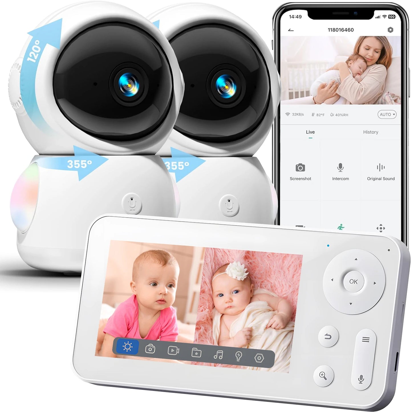 WiFi Baby Monitor Dual Camera Split Screen 2K PTZ