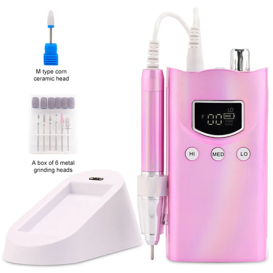 Portable 35K RPM Rechargeable Nail Drill Metallic Pink