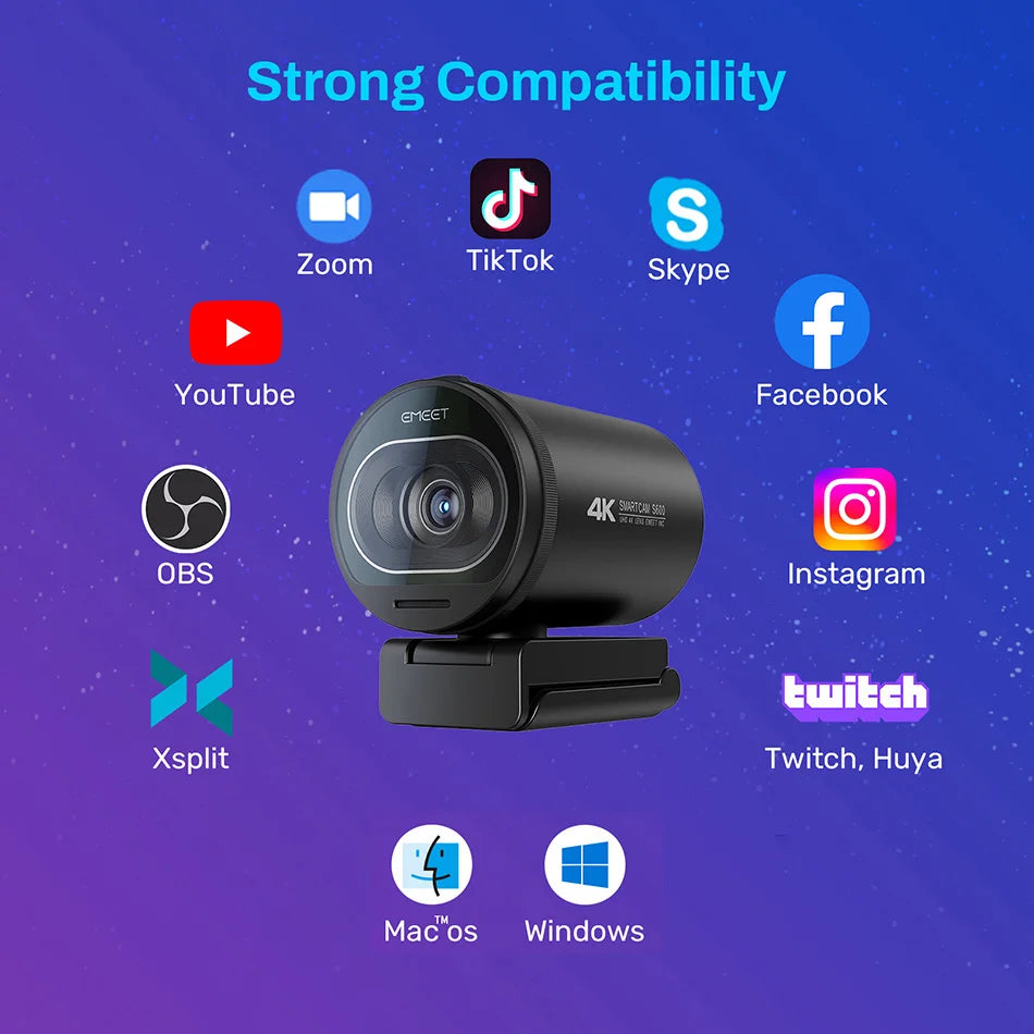 4K USB Webcam with Autofocus and Dual Microphones