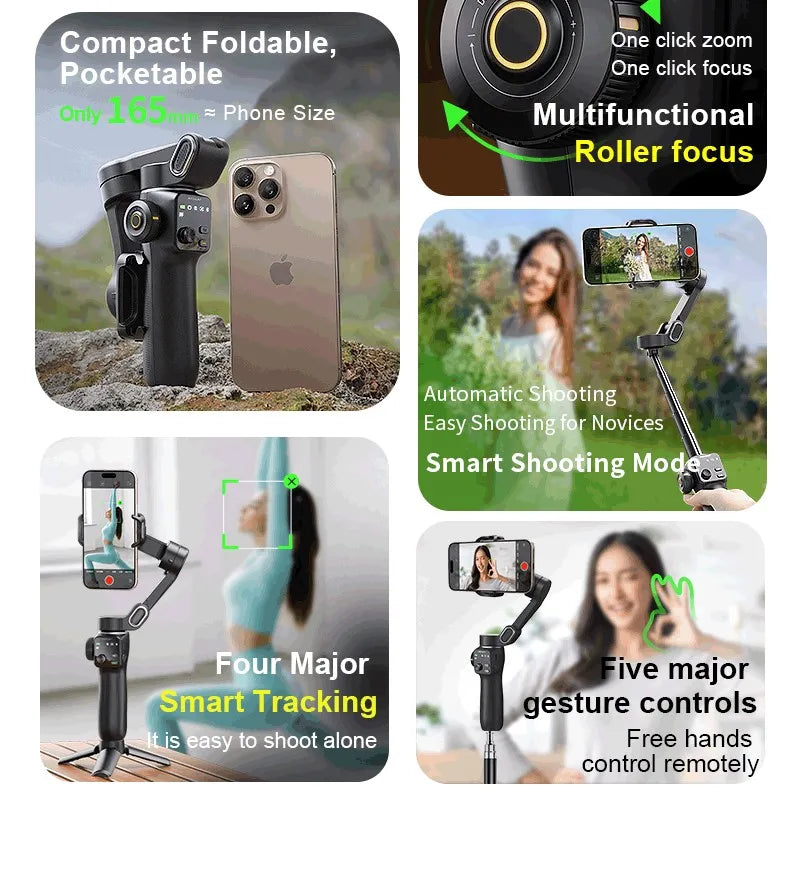 Travel Gimbal Kit with Selfie Stick for iPhone Android Black