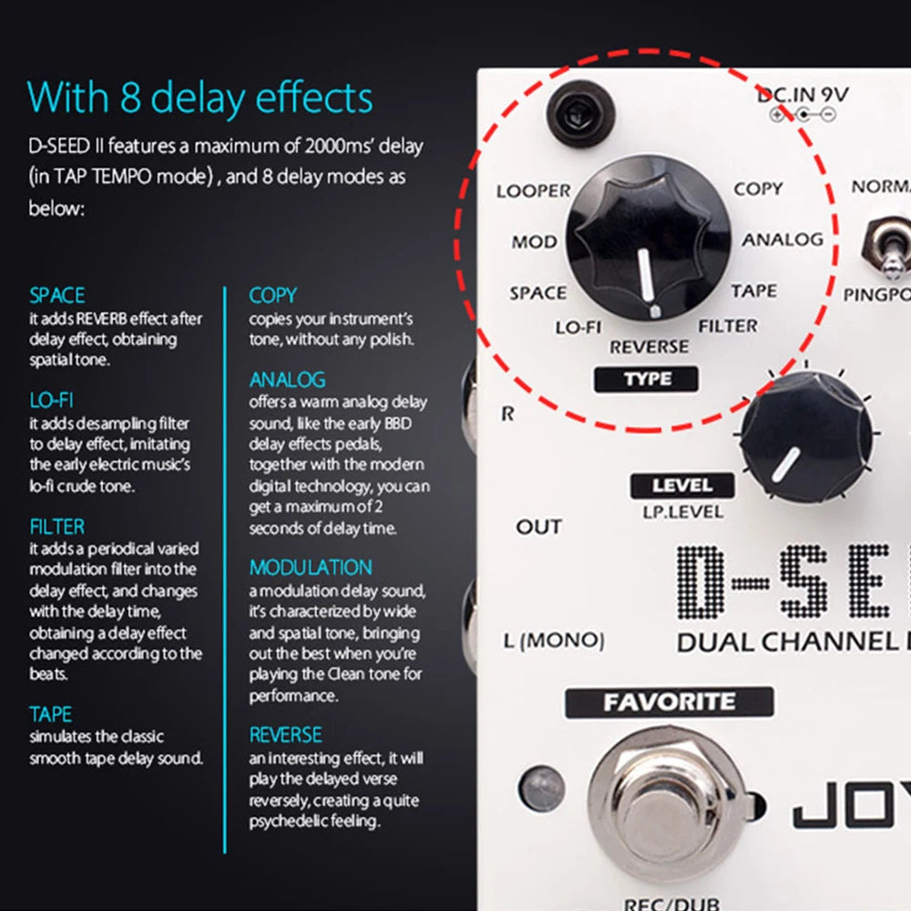 Dual Channel Digital Delay Pedal with Looper and 8 Modes