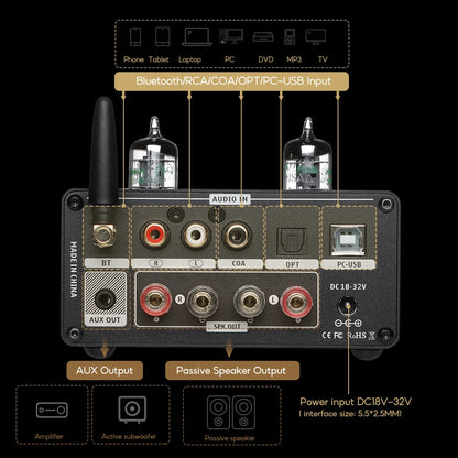 HiFi Bluetooth Tube Amplifier USB DAC and VU Meters 24V