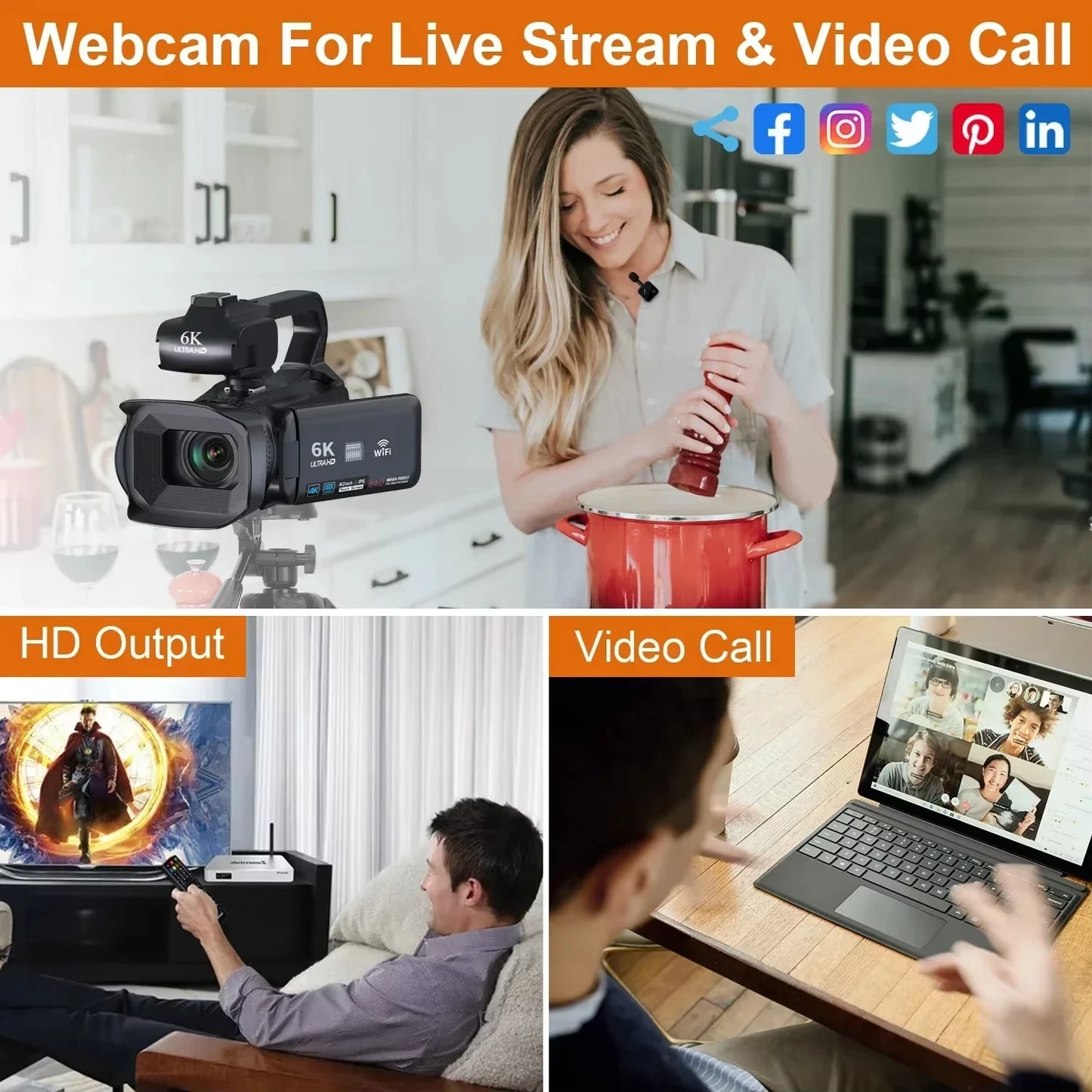 Portable 6K Camera 18X Zoom Mic 128GB Card