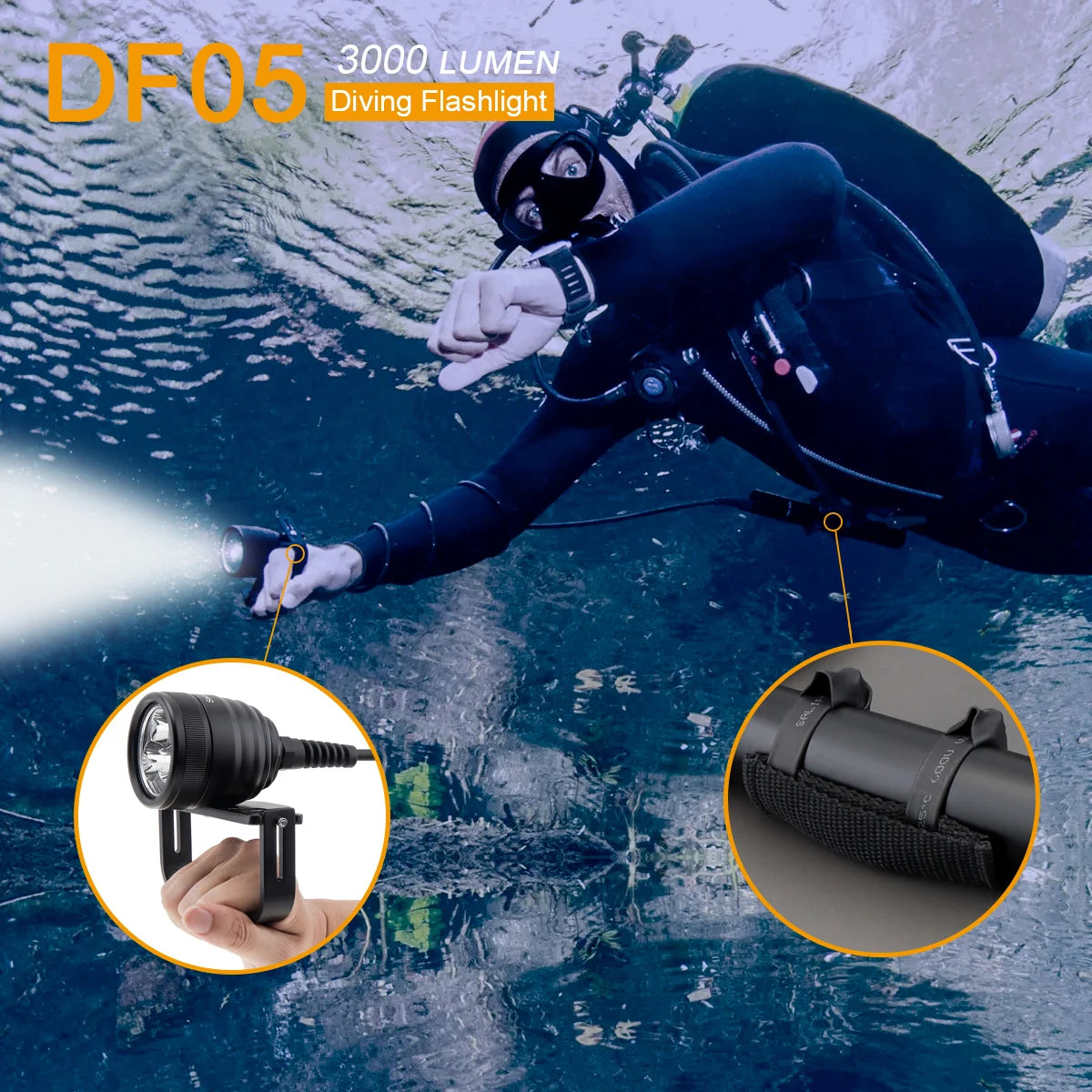 Scuba LED Torch 150m Waterproof 2M Line