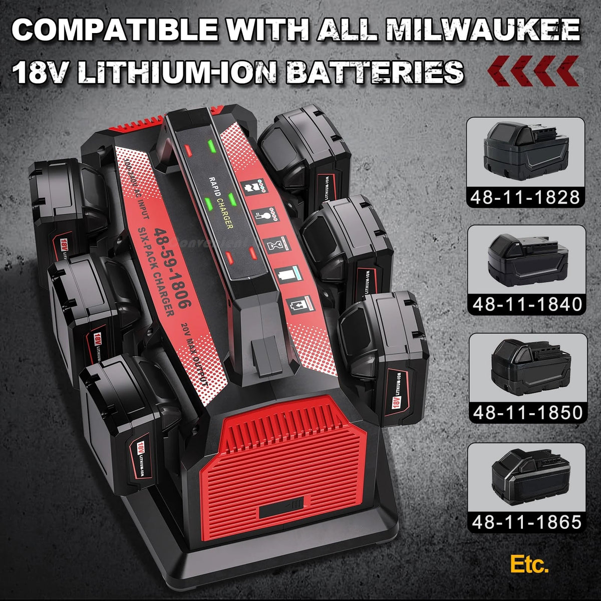 Simultaneous 6-Slot Quick Charger for Milwaukee M18 Batteries