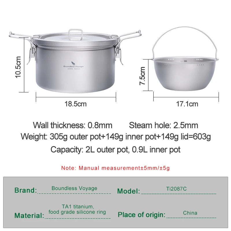 Portable Titanium Camping Pot 2L Rice Soup Cooker
