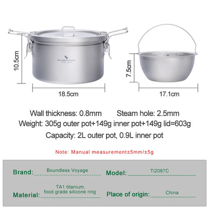 Portable Titanium Camping Pot 2L Rice Soup Cooker