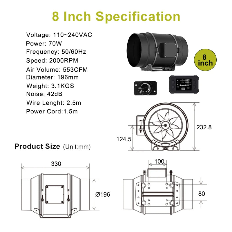 High Airflow 553 CFM Inline Exhaust Fan for Duct Systems