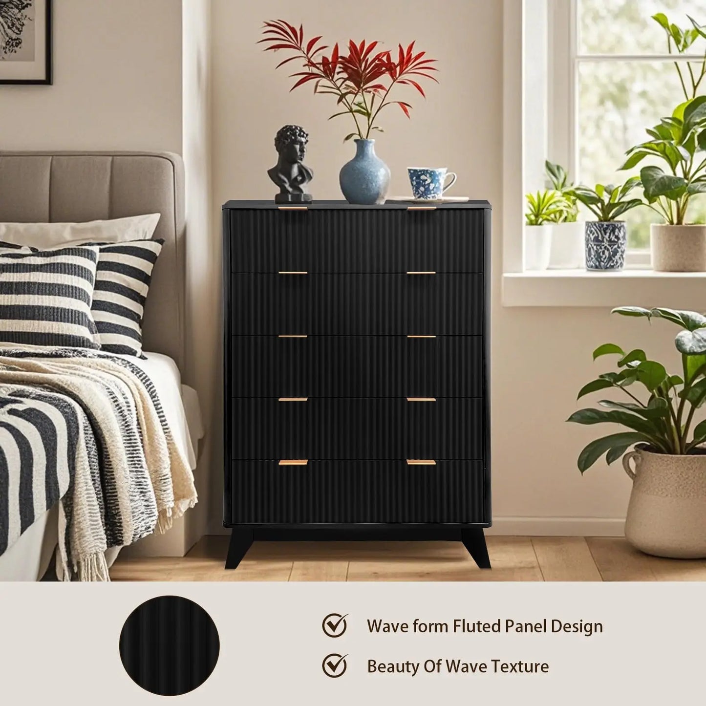 Modern 5 Drawer Tall Dresser Wave Fluted Design