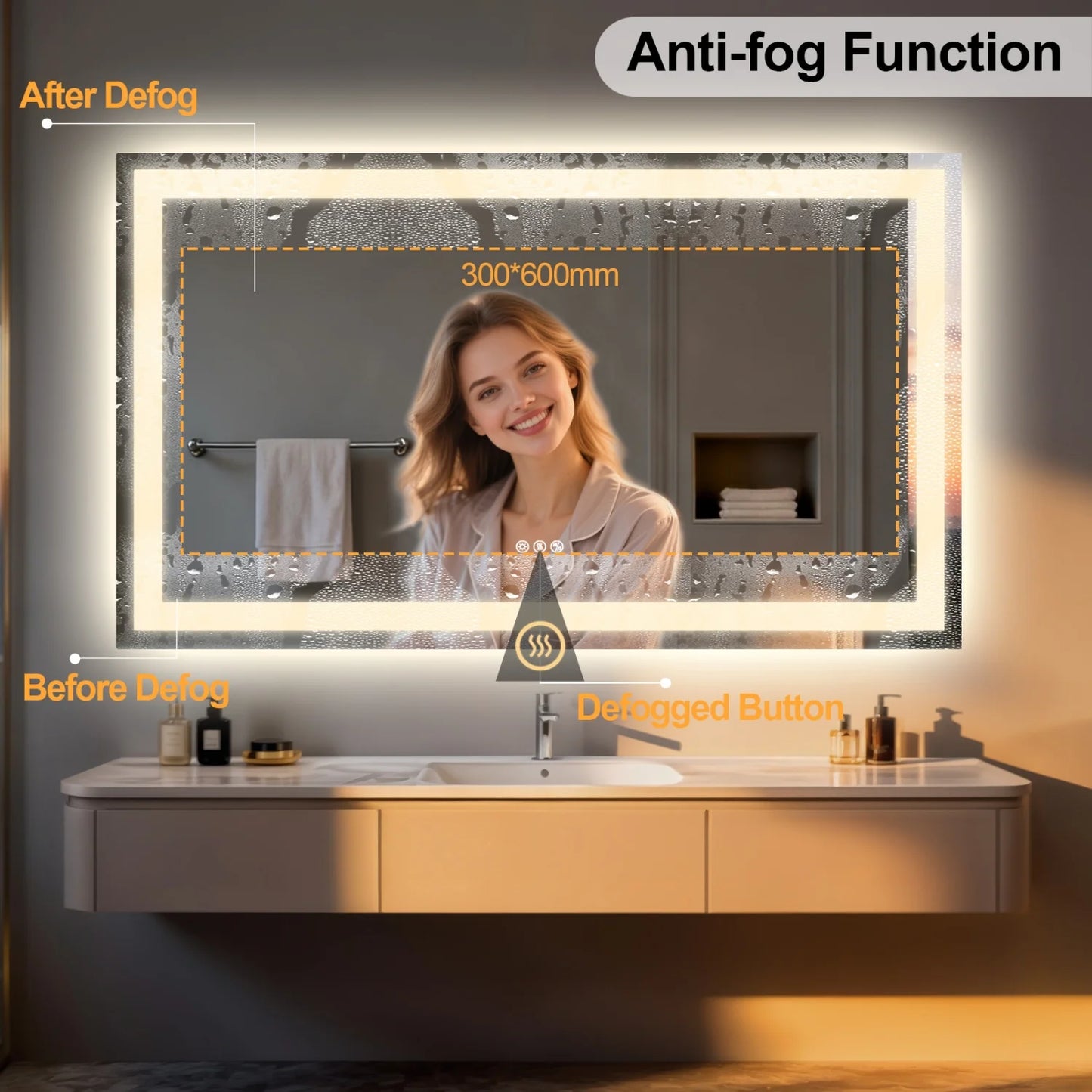 60x80cm Backlit LED Vanity Mirror Bluetooth Anti-Fog Waterproof