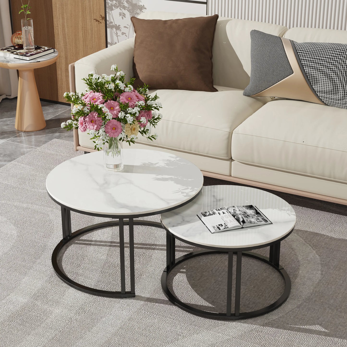 2-Piece Round Nesting Coffee Table Set with Stone Top