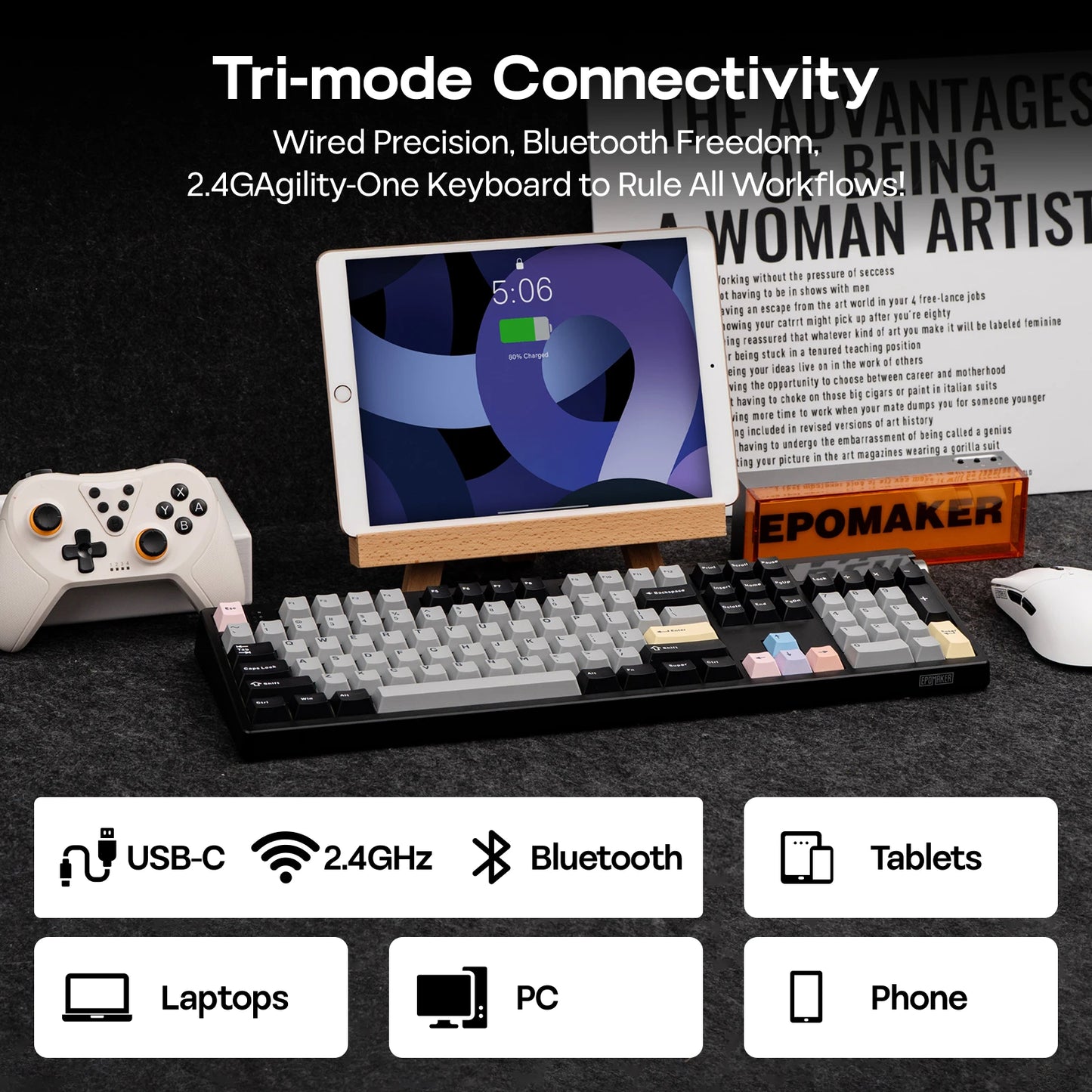Black Hot-Swap Mechanical Keyboard Wireless, Wired, 10000mAh