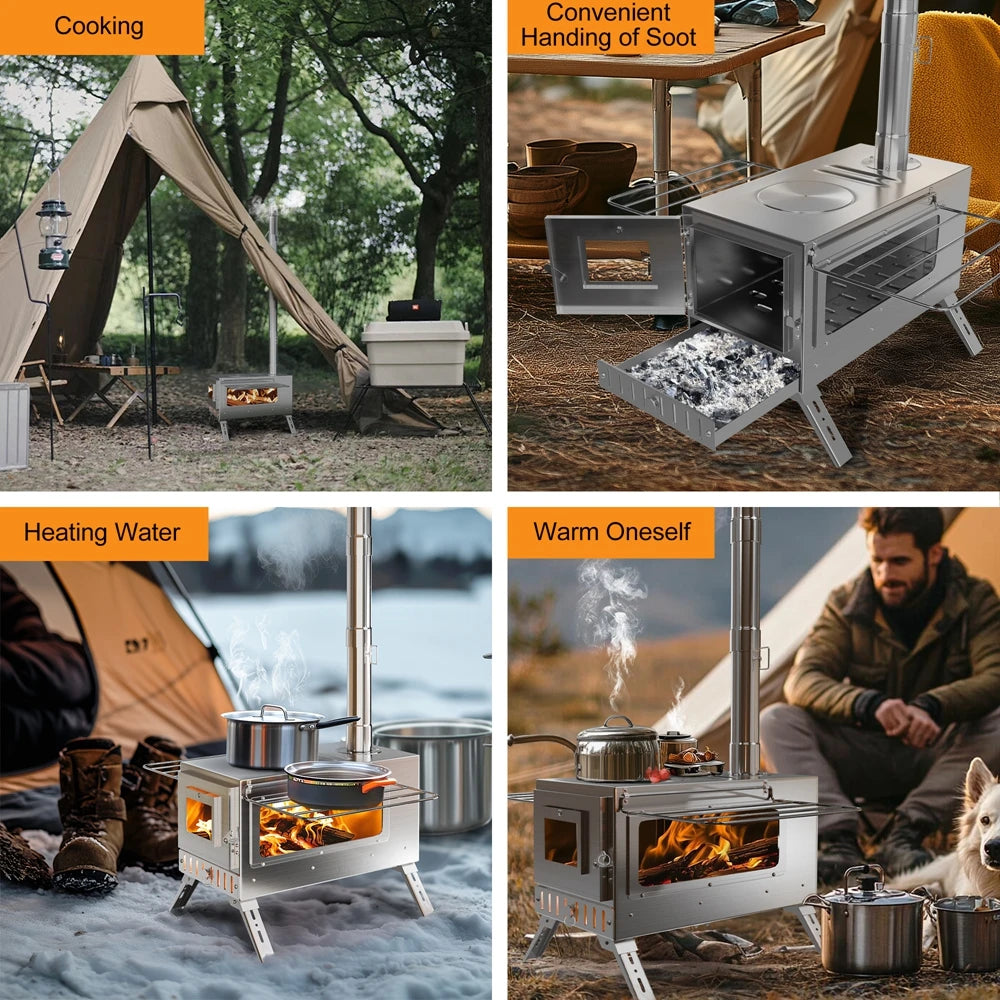 Outdoor Wood Burning Tent Stove with 7-Piece Chimney Set