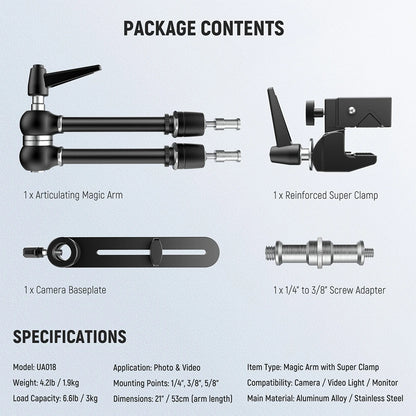21 Inch Adjustable Magic Arm with Super Clamp for Cameras