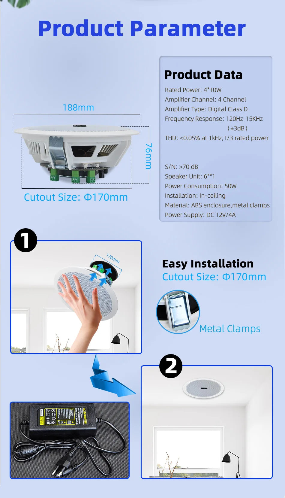 Wireless Ceiling Speaker Set with Amplifier and Passive Units